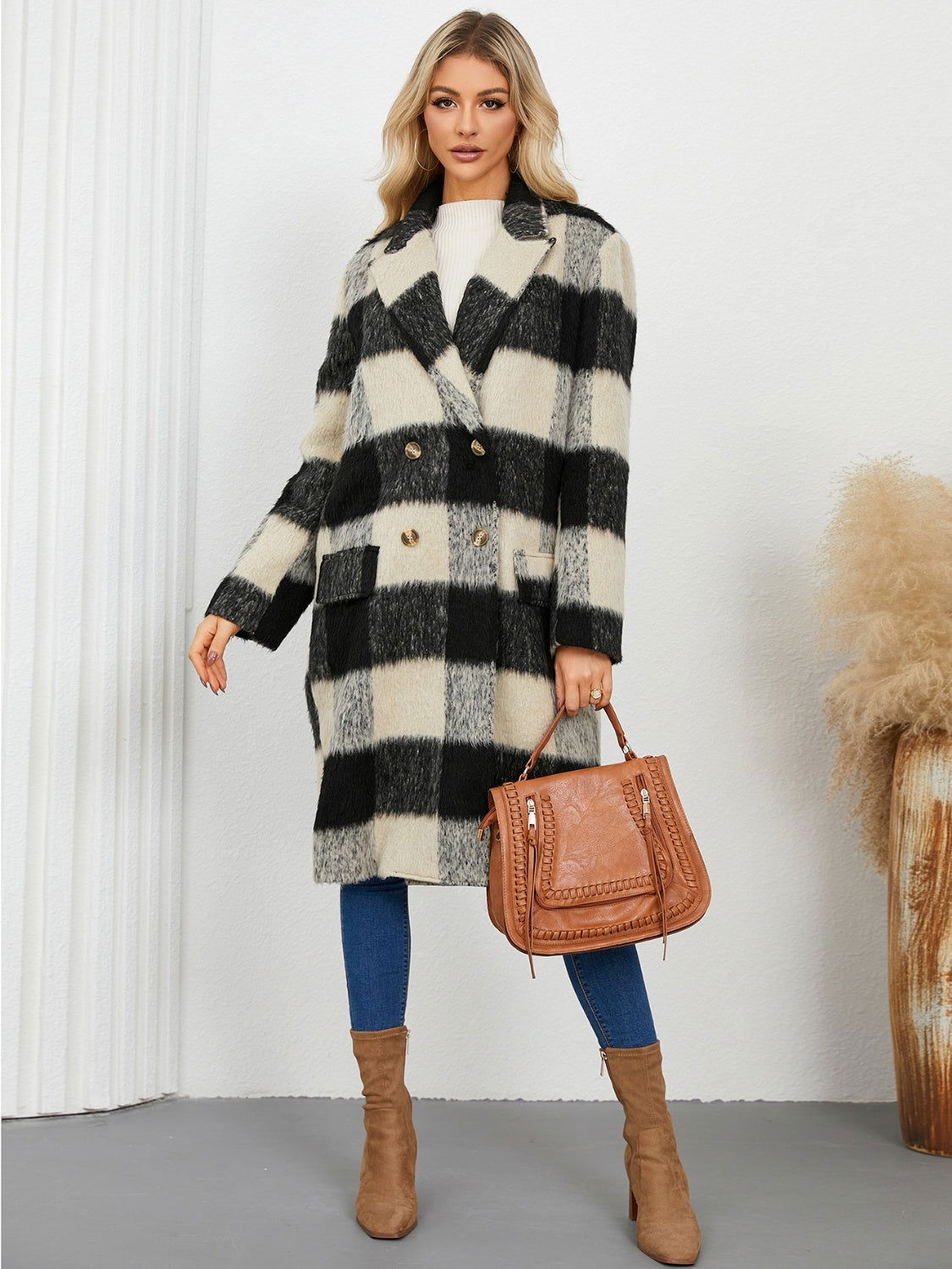 Plaid Double-Breasted Long Sleeve Coat - JDrop.Shop