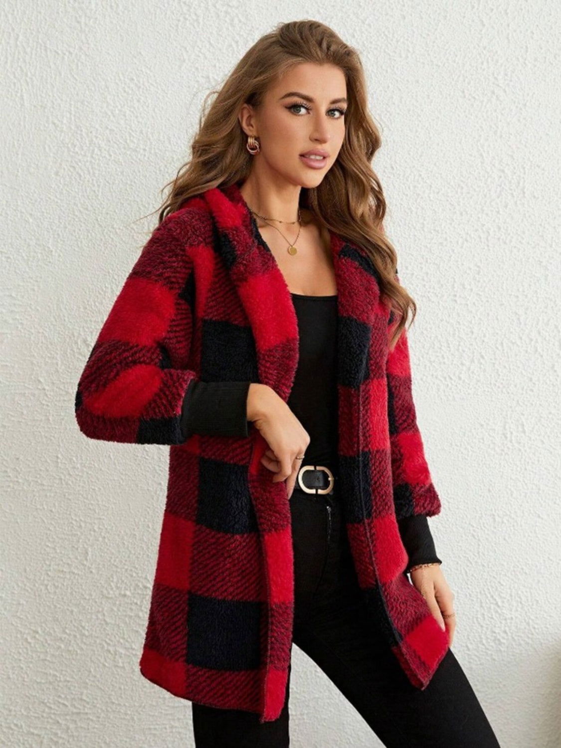 Plaid Long Sleeve Hooded Coat - JDrop.Shop