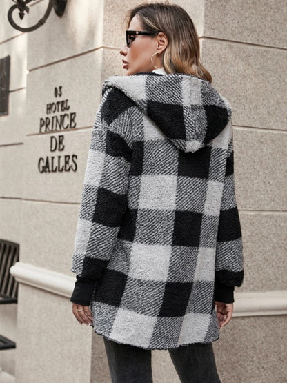 Plaid Long Sleeve Hooded Coat - JDrop.Shop