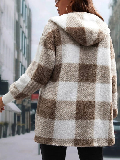 Plaid Long Sleeve Hooded Coat - JDrop.Shop