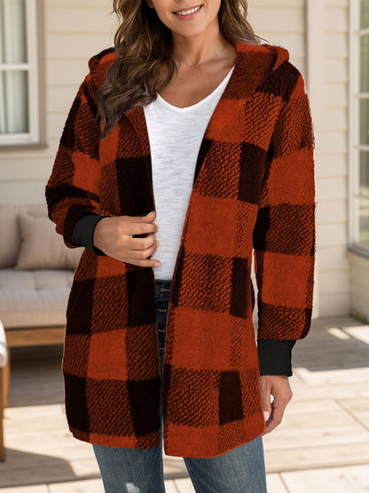 Plaid Long Sleeve Hooded Coat - JDrop.Shop