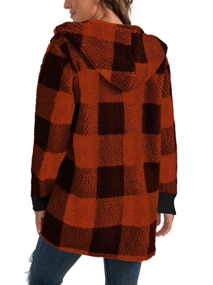 Plaid Long Sleeve Hooded Coat - JDrop.Shop