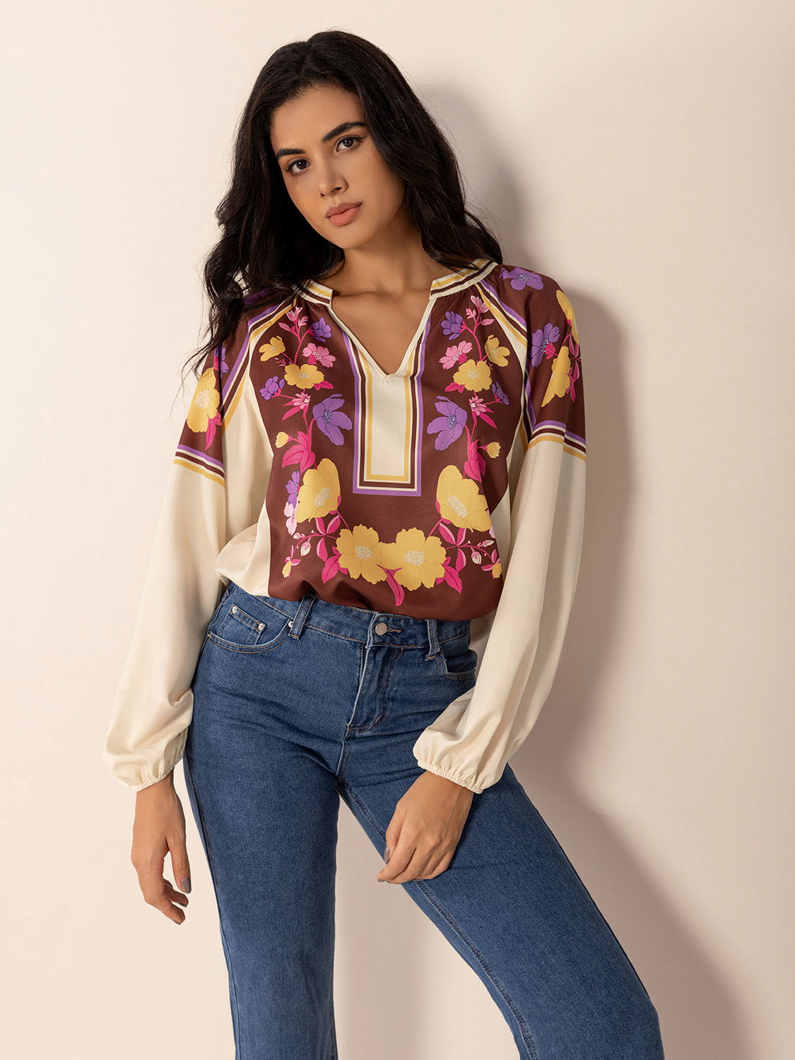 Printed Notched Long Sleeve Blouse - JDrop.Shop