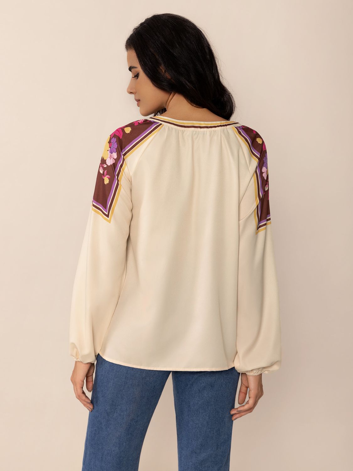 Printed Notched Long Sleeve Blouse - JDrop.Shop