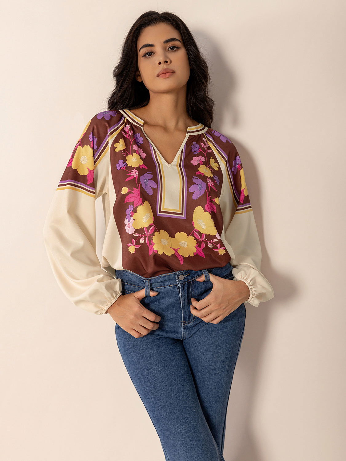 Printed Notched Long Sleeve Blouse - JDrop.Shop