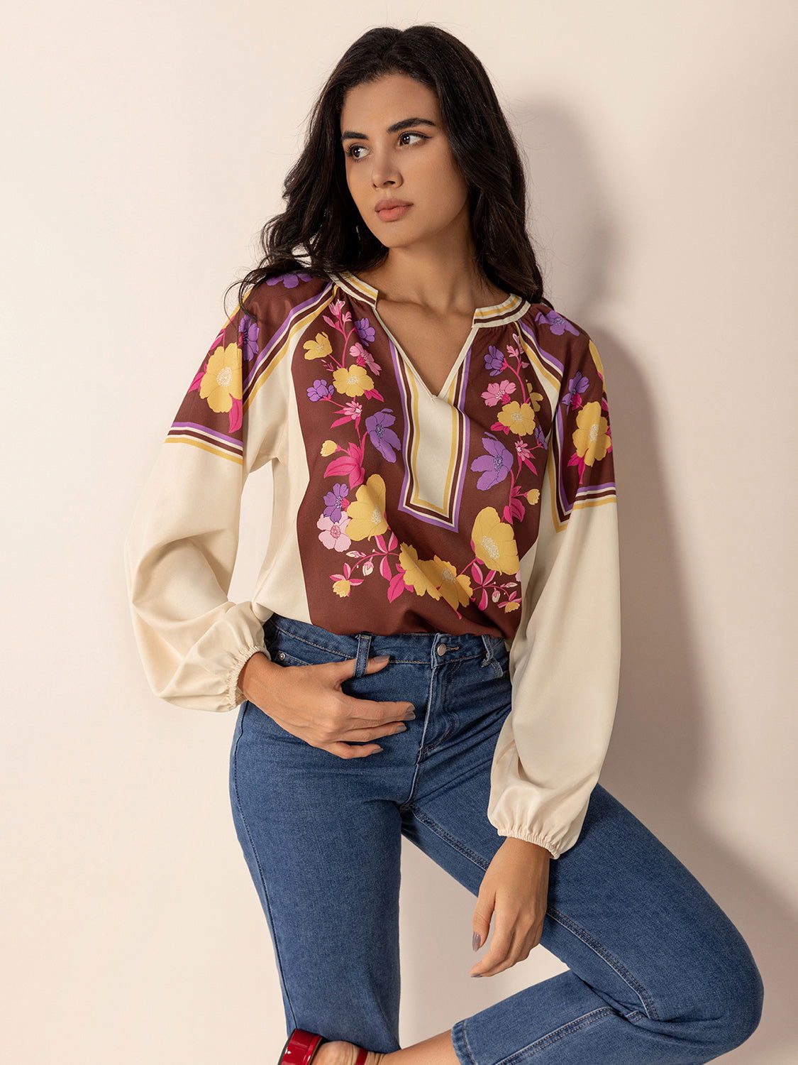 Printed Notched Long Sleeve Blouse - JDrop.Shop