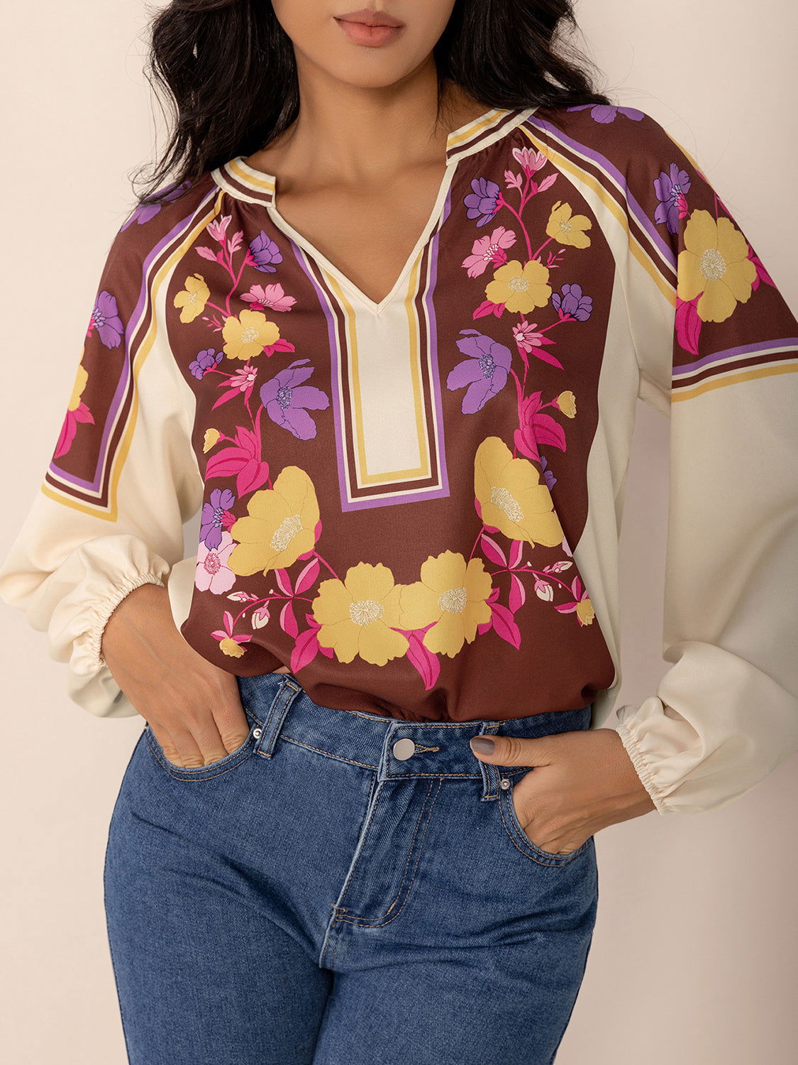 Printed Notched Long Sleeve Blouse - JDrop.Shop