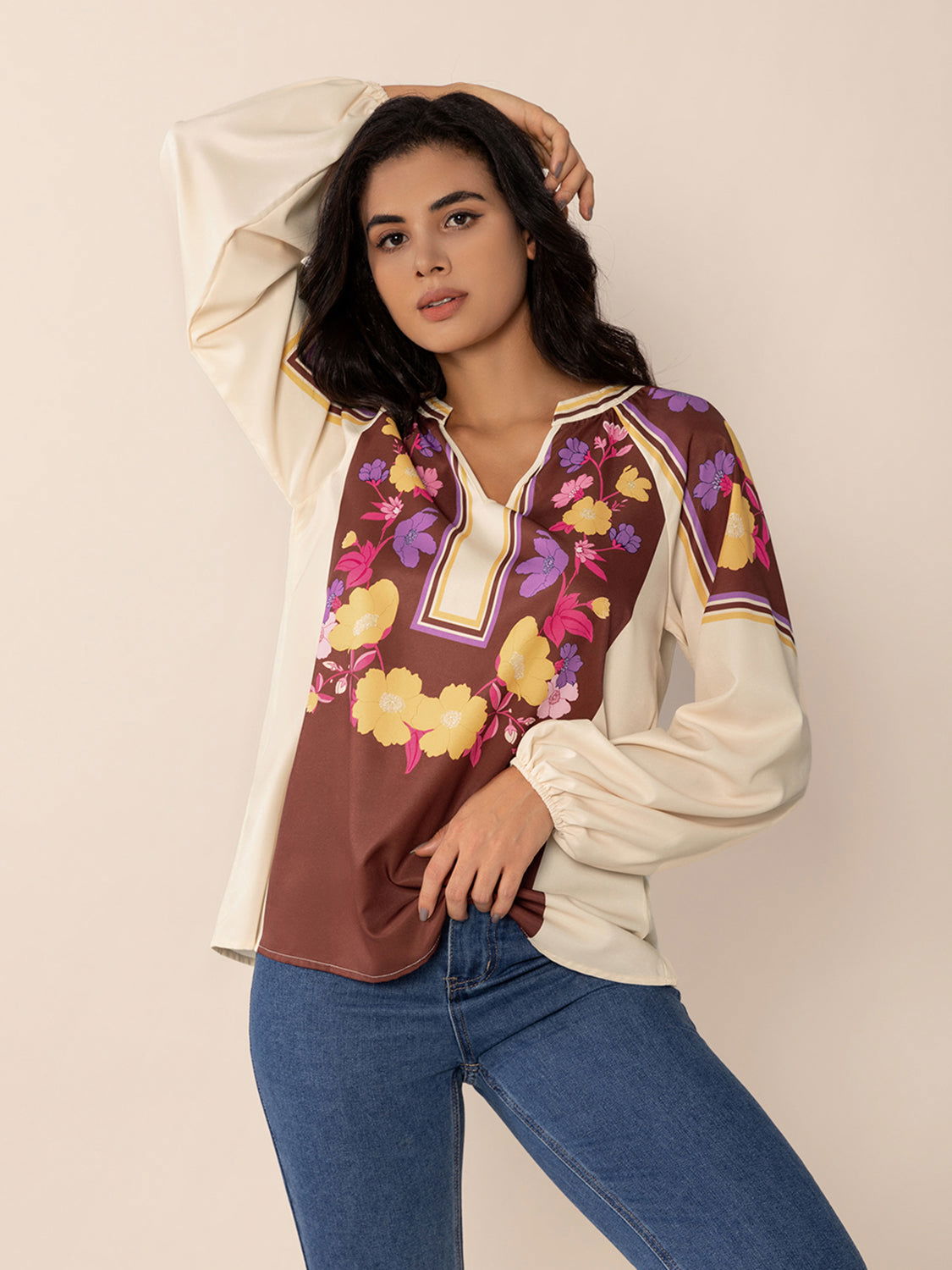 Printed Notched Long Sleeve Blouse - JDrop.Shop