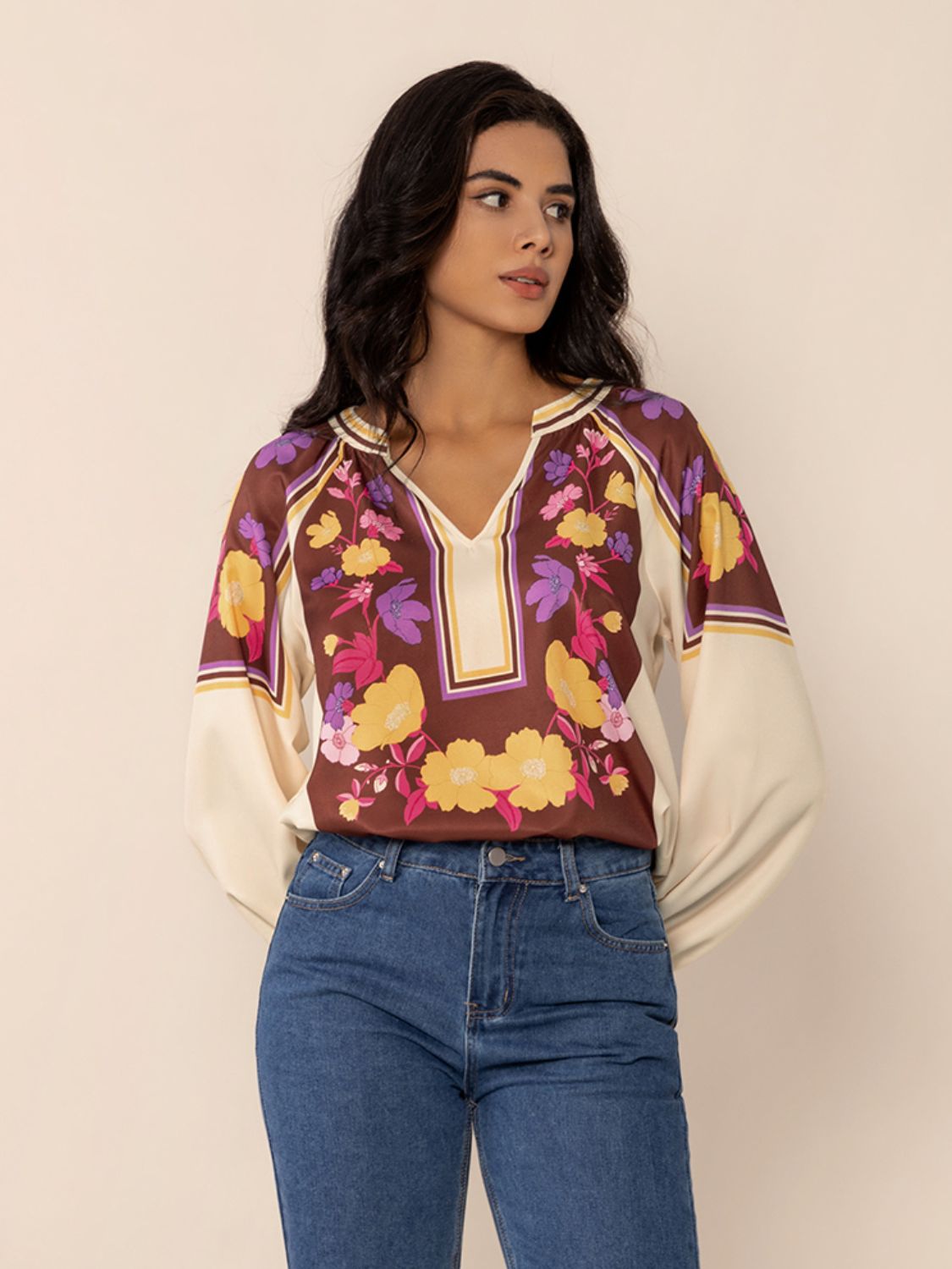 Printed Notched Long Sleeve Blouse - JDrop.Shop