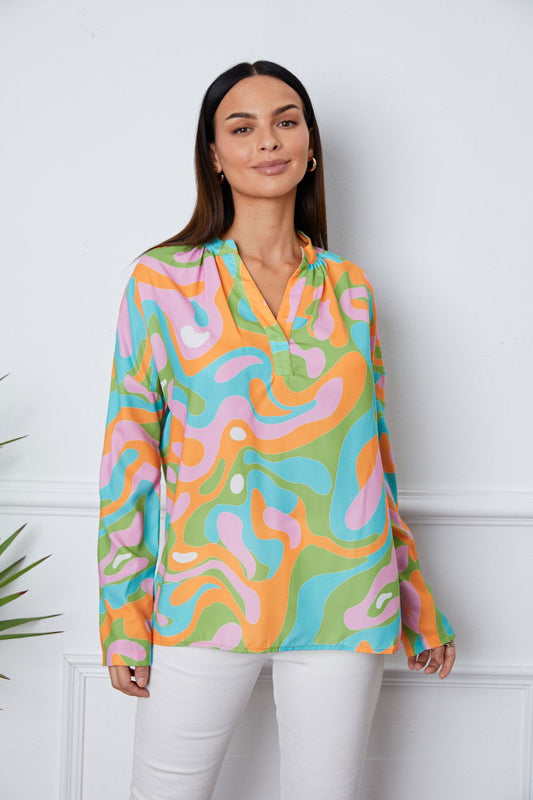 Printed Notched Long Sleeve Blouse - JDrop.Shop