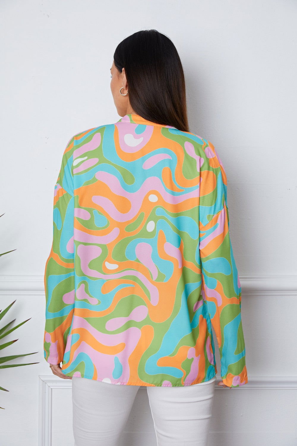 Printed Notched Long Sleeve Blouse - JDrop.Shop