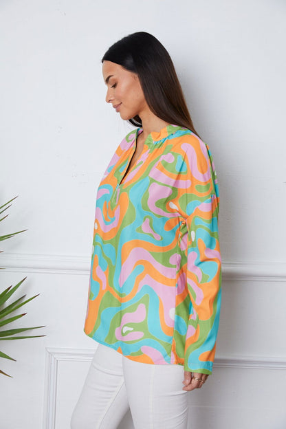 Printed Notched Long Sleeve Blouse - JDrop.Shop