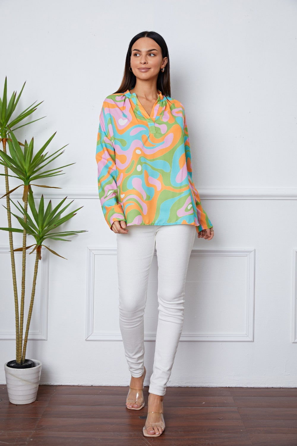 Printed Notched Long Sleeve Blouse - JDrop.Shop