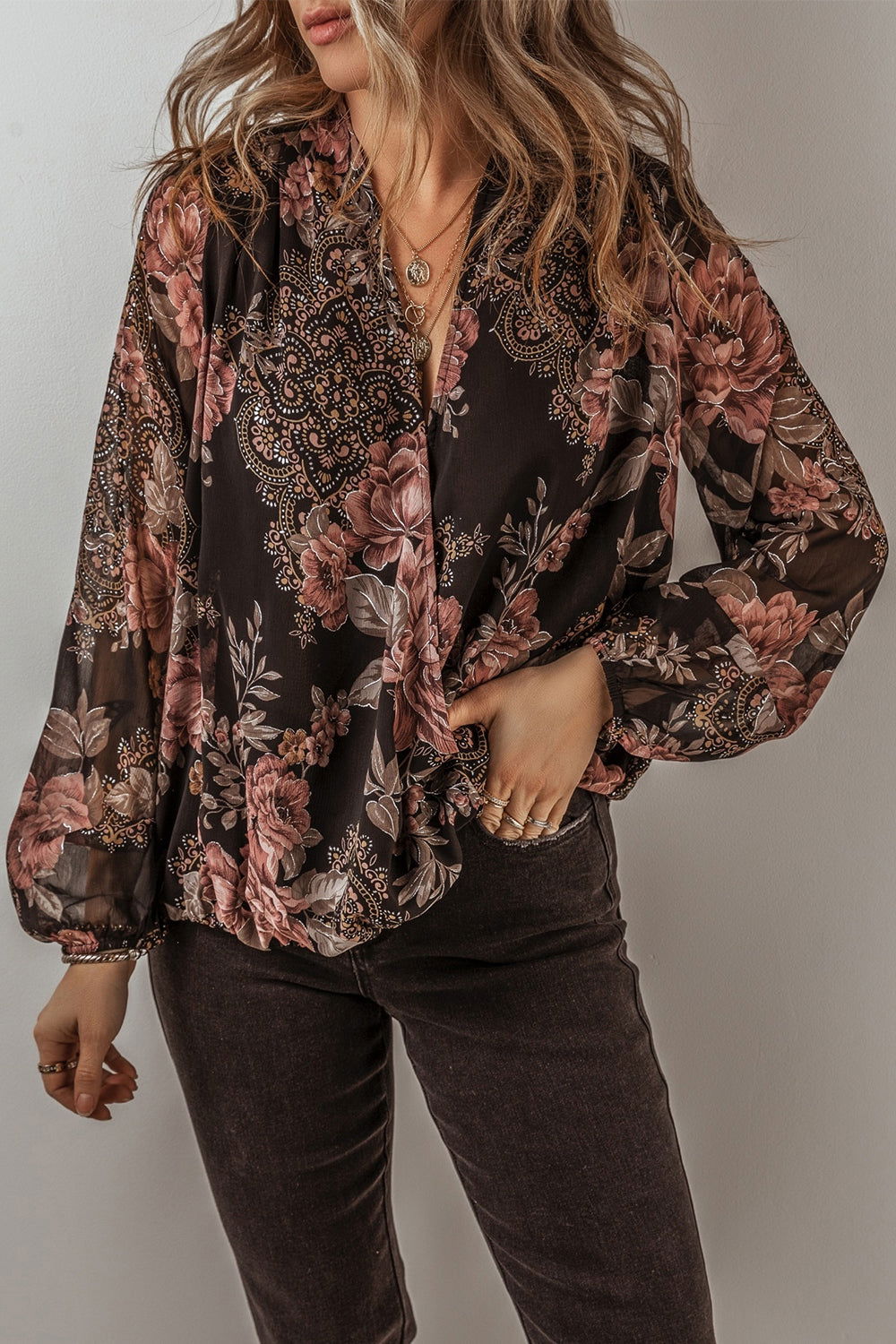 Printed Surplice Long Sleeve Blouse - JDrop.Shop