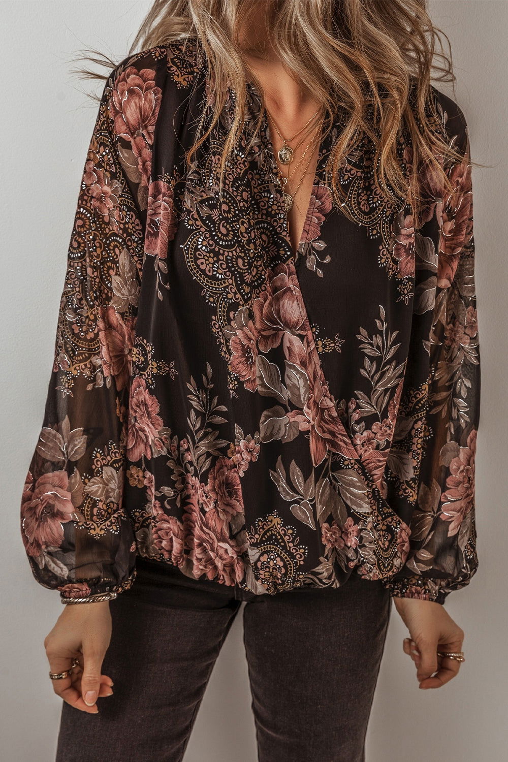 Printed Surplice Long Sleeve Blouse - JDrop.Shop