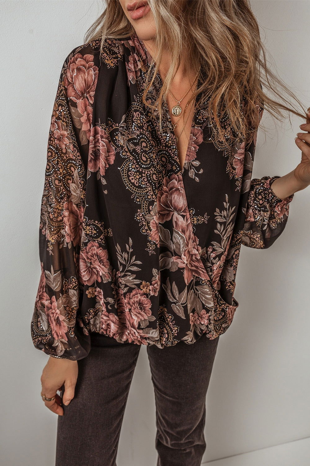 Printed Surplice Long Sleeve Blouse - JDrop.Shop