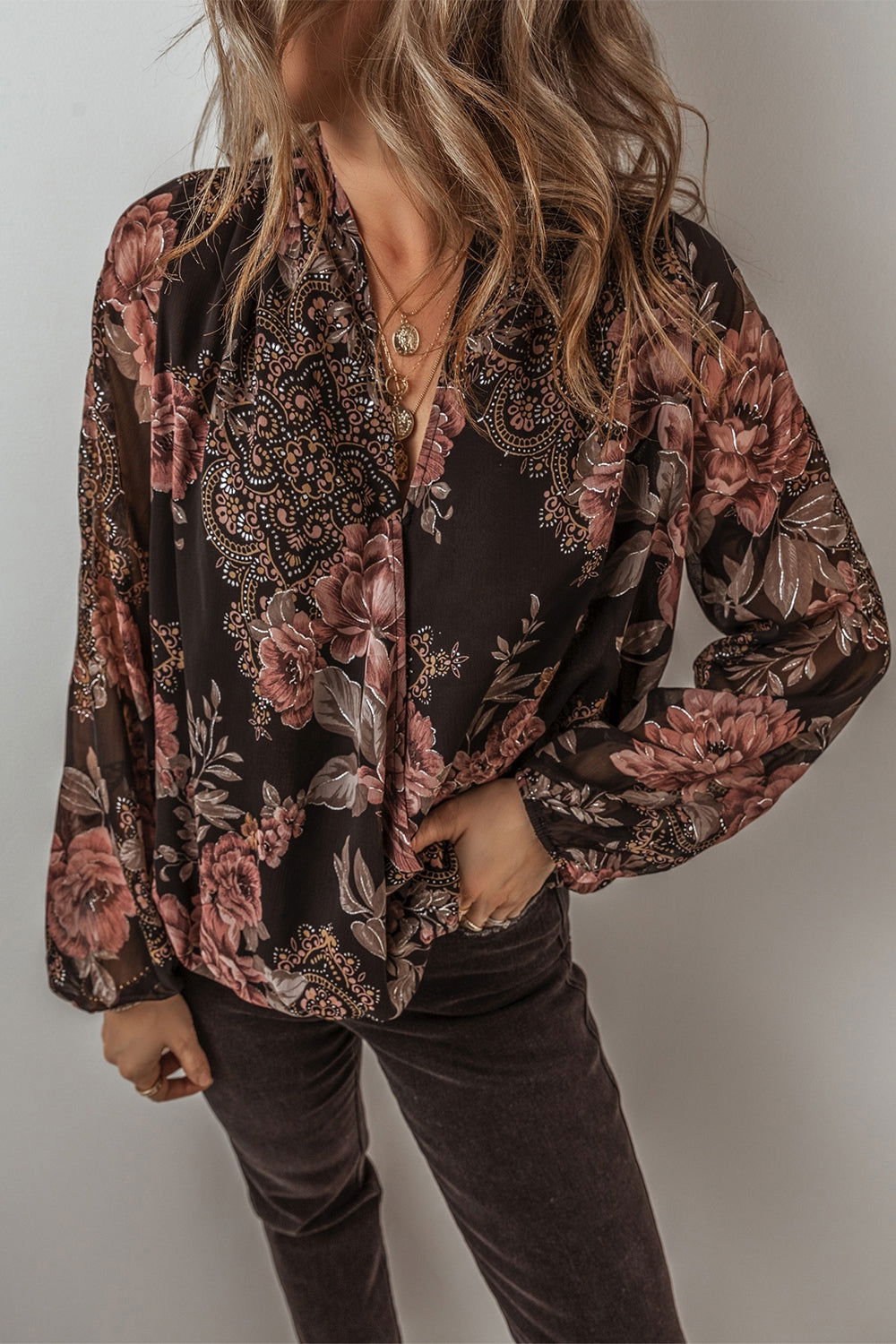 Printed Surplice Long Sleeve Blouse - JDrop.Shop