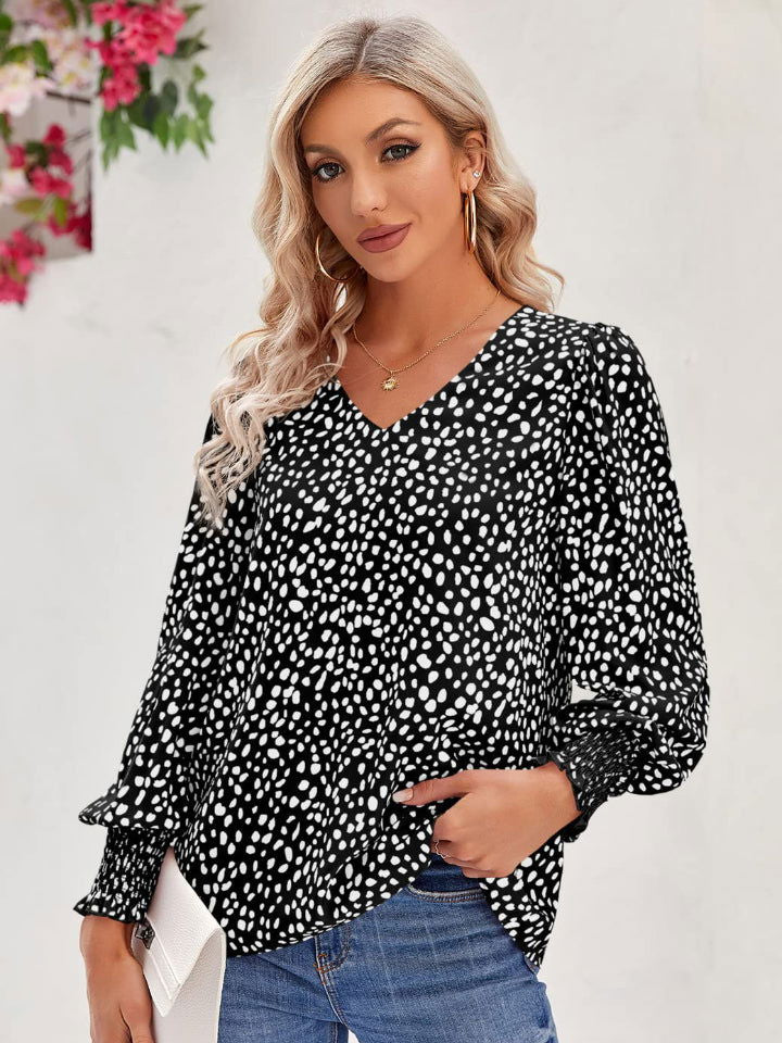 Printed V-Neck Lantern Sleeve Blouse - JDrop.Shop