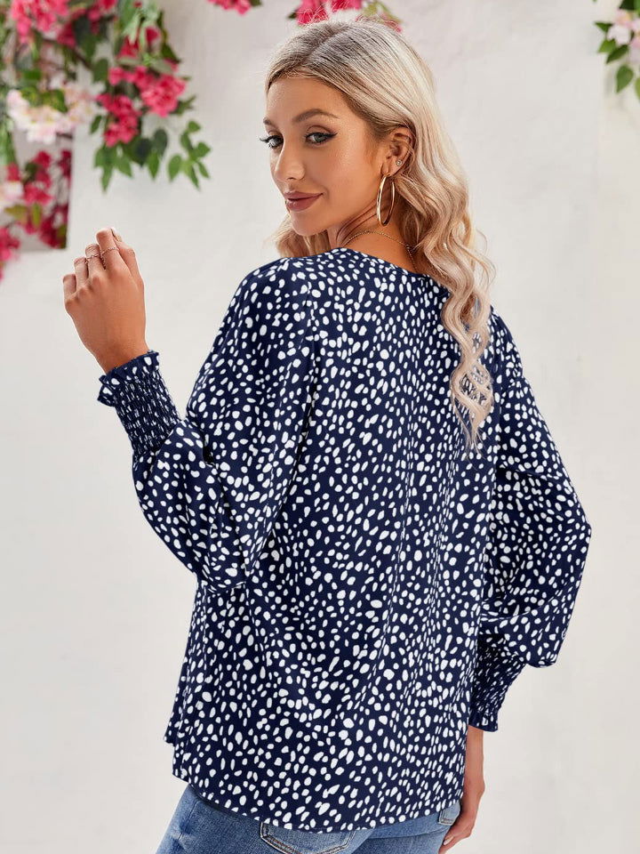 Printed V-Neck Lantern Sleeve Blouse - JDrop.Shop