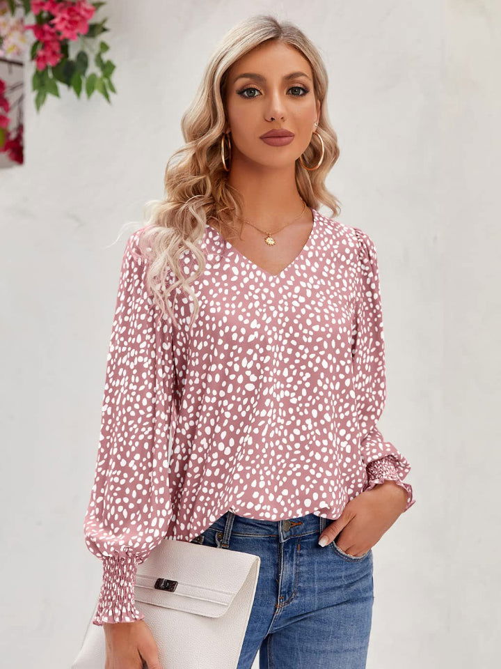 Printed V-Neck Lantern Sleeve Blouse - JDrop.Shop