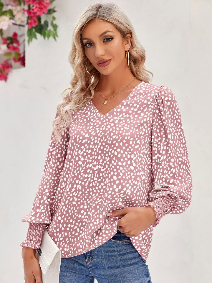 Printed V-Neck Lantern Sleeve Blouse - JDrop.Shop