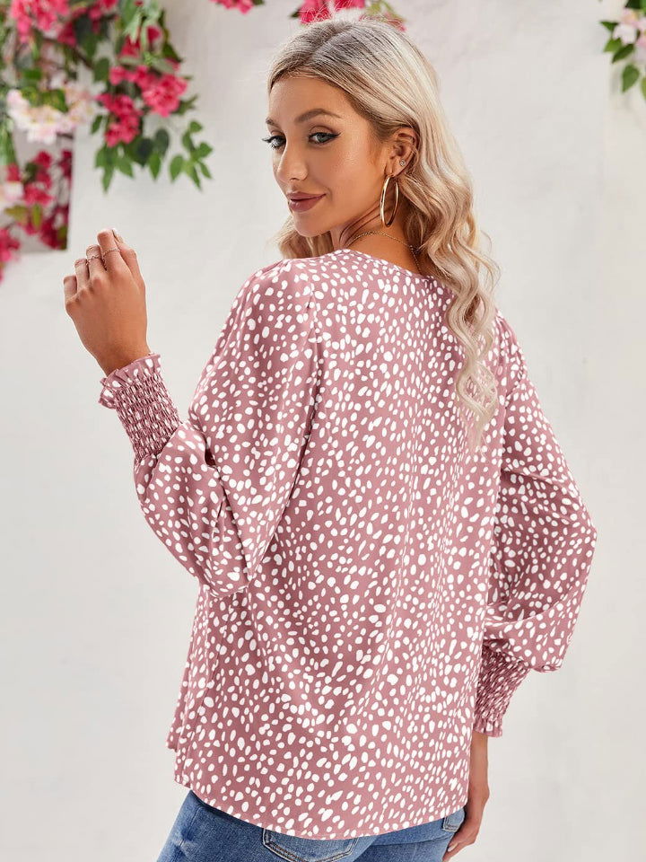 Printed V-Neck Lantern Sleeve Blouse - JDrop.Shop