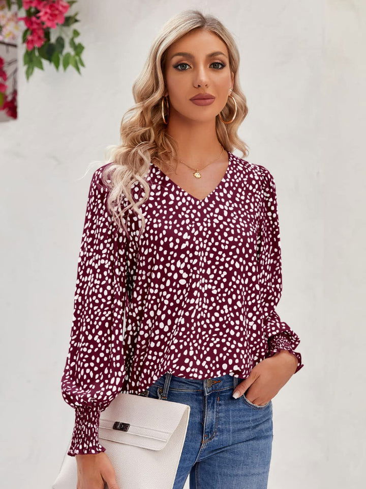 Printed V-Neck Lantern Sleeve Blouse - JDrop.Shop