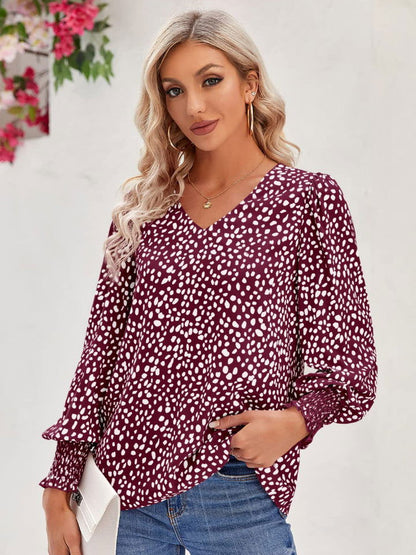 Printed V-Neck Lantern Sleeve Blouse - JDrop.Shop