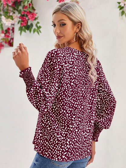 Printed V-Neck Lantern Sleeve Blouse - JDrop.Shop