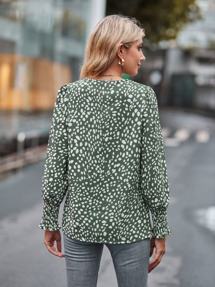 Printed V-Neck Lantern Sleeve Blouse - JDrop.Shop