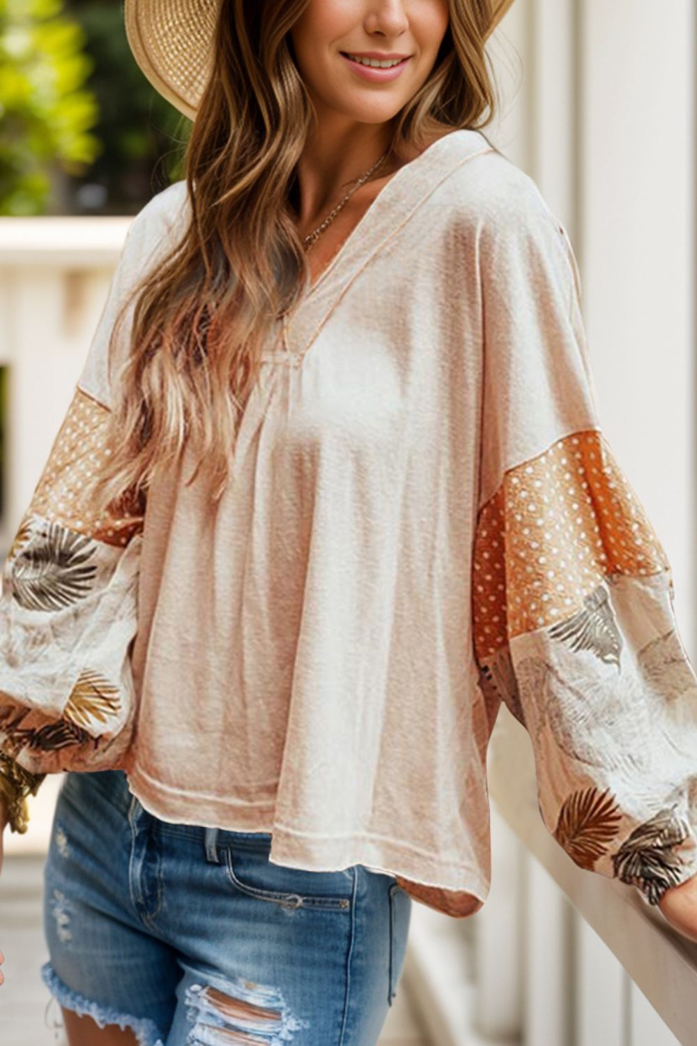 Printed V-Neck Long Sleeve Blouse - JDrop.Shop