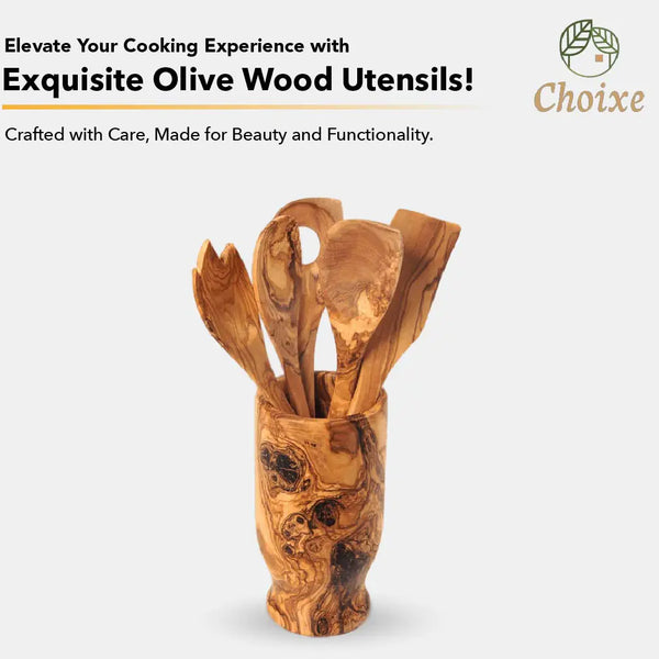 Olive Wood Kitchen Servers Set w/Holder -6 Pcs