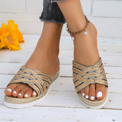 Rhinestone Open Toe Wedge Sandals - JDrop.Shop