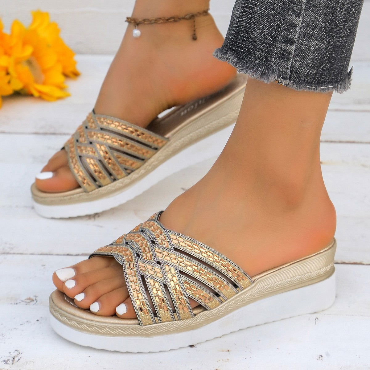 Rhinestone Open Toe Wedge Sandals - JDrop.Shop