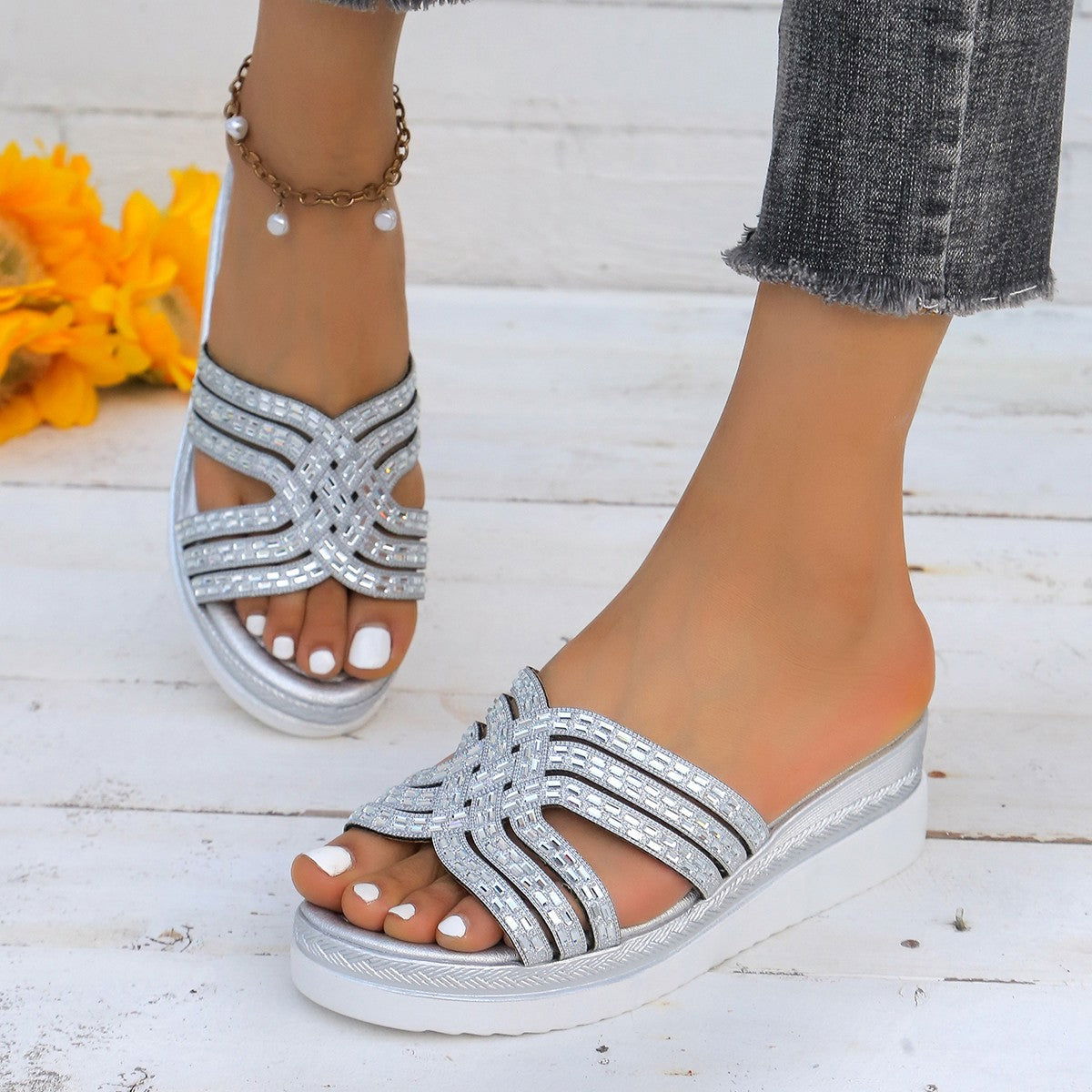 Rhinestone Open Toe Wedge Sandals - JDrop.Shop