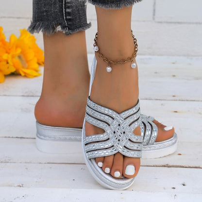 Rhinestone Open Toe Wedge Sandals - JDrop.Shop