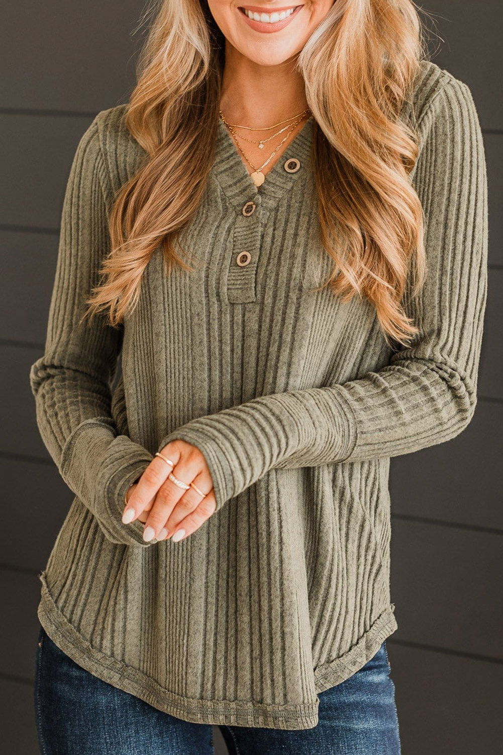 Ribbed Buttoned Long Sleeve Blouse - JDrop.Shop