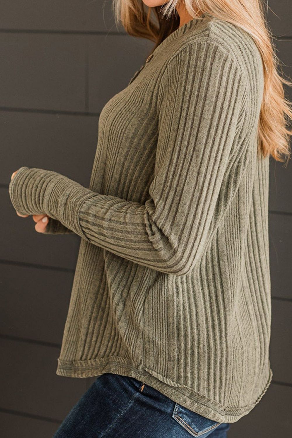 Ribbed Buttoned Long Sleeve Blouse - JDrop.Shop