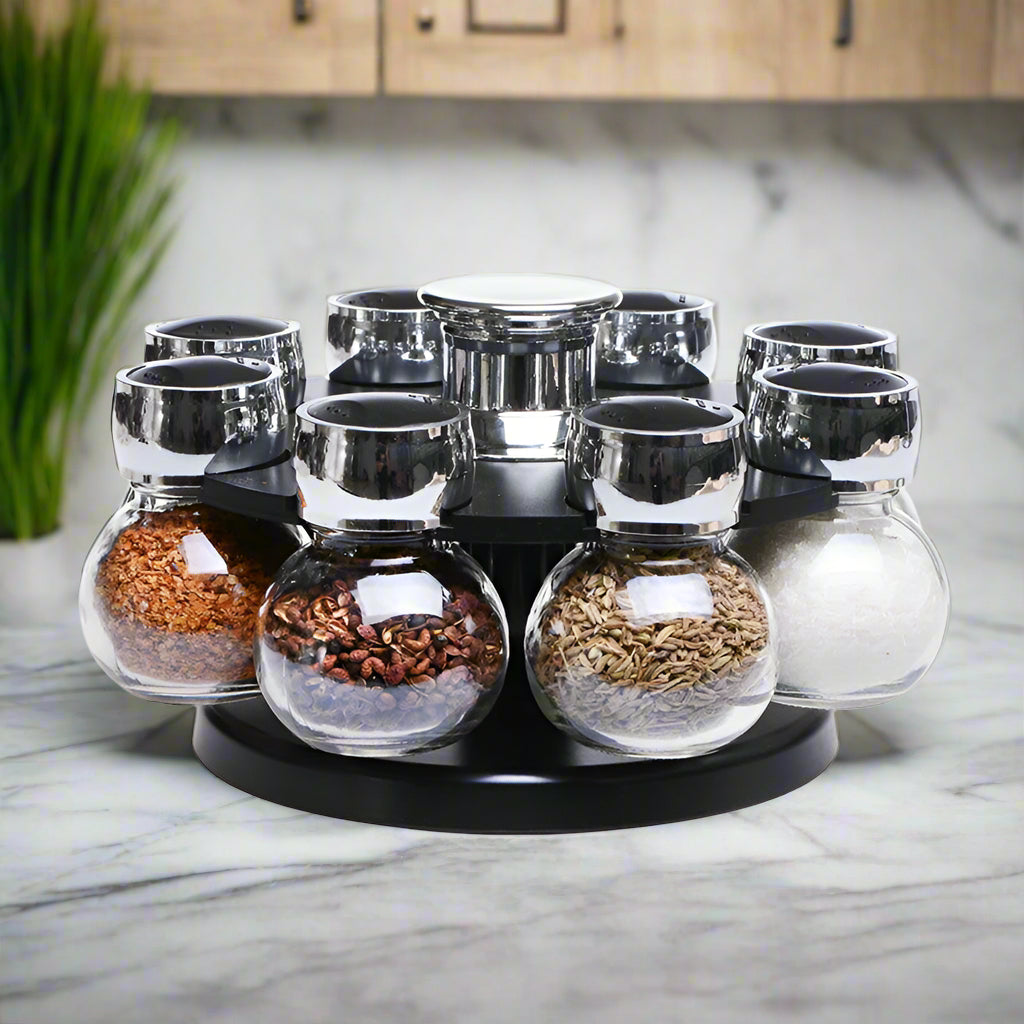 Rotary Glass Spice Jar Rack | Kitchen Essentials | 6 Spice Jars | JDrop.Shop