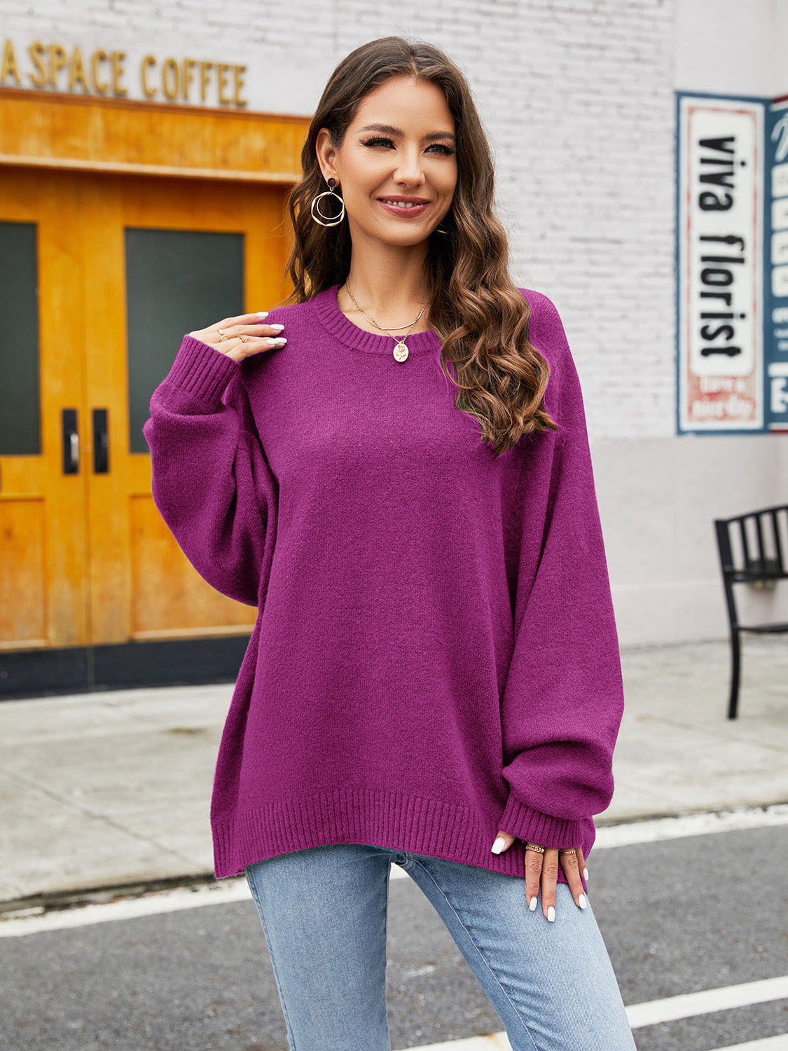 Round Neck Ribbed Trim Sweater - JDrop.Shop