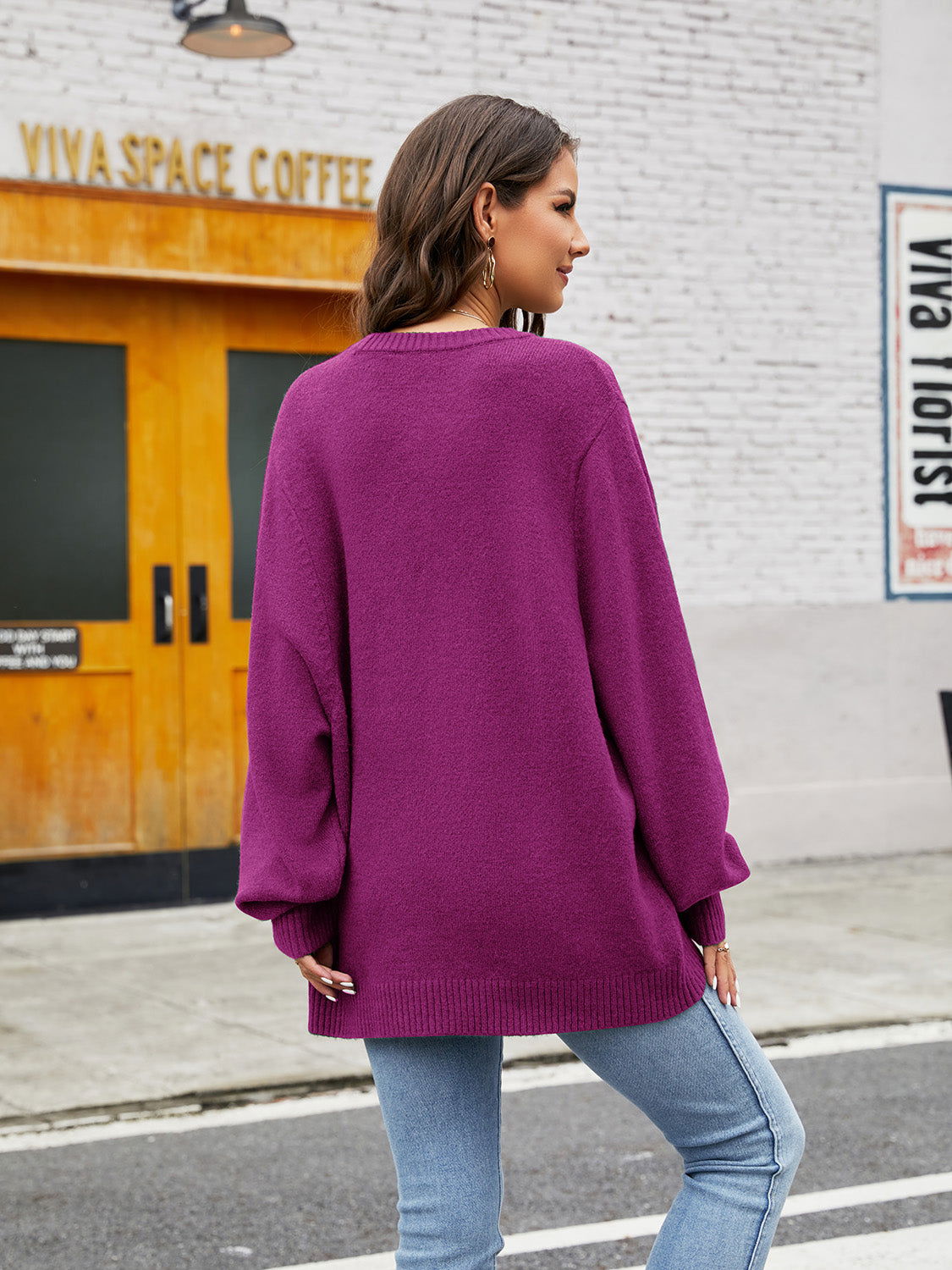 Round Neck Ribbed Trim Sweater - JDrop.Shop