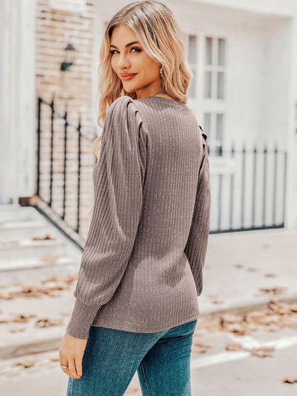 Ruched V-Neck Long Sleeve Top - JDrop.Shop