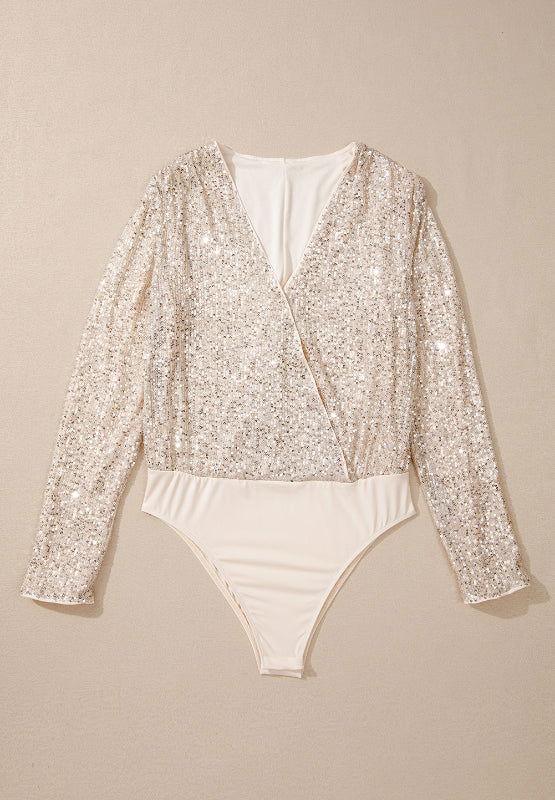 Sequin Surplice Long Sleeve Bodysuit - JDrop.Shop