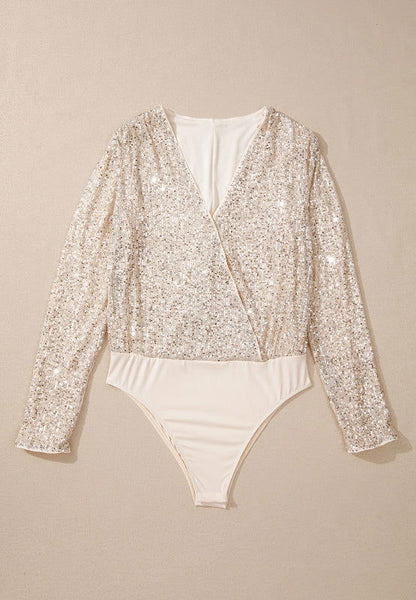 Sequin Surplice Long Sleeve Bodysuit - JDrop.Shop