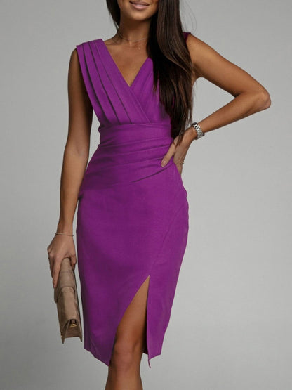 Slit Ruched Surplice Tank Dress - JDrop.Shop