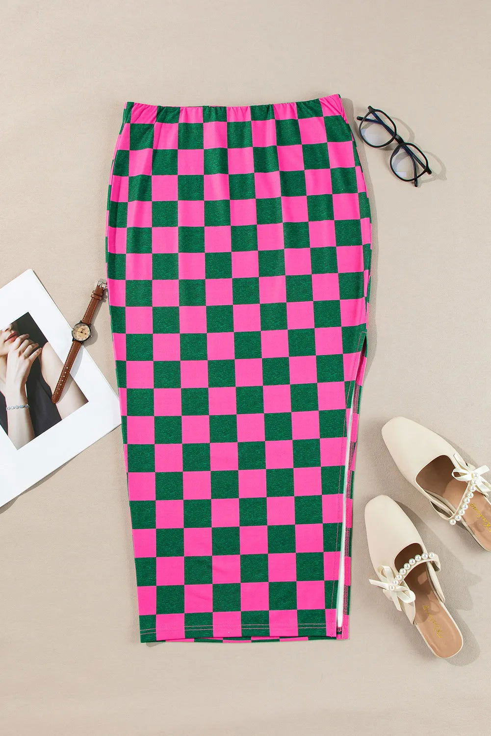 Split Checkered Midi Skirt - JDrop.Shop