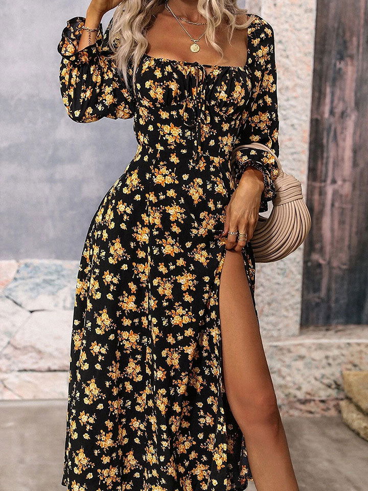 Square Neck Printed Slit Dress - JDrop.Shop