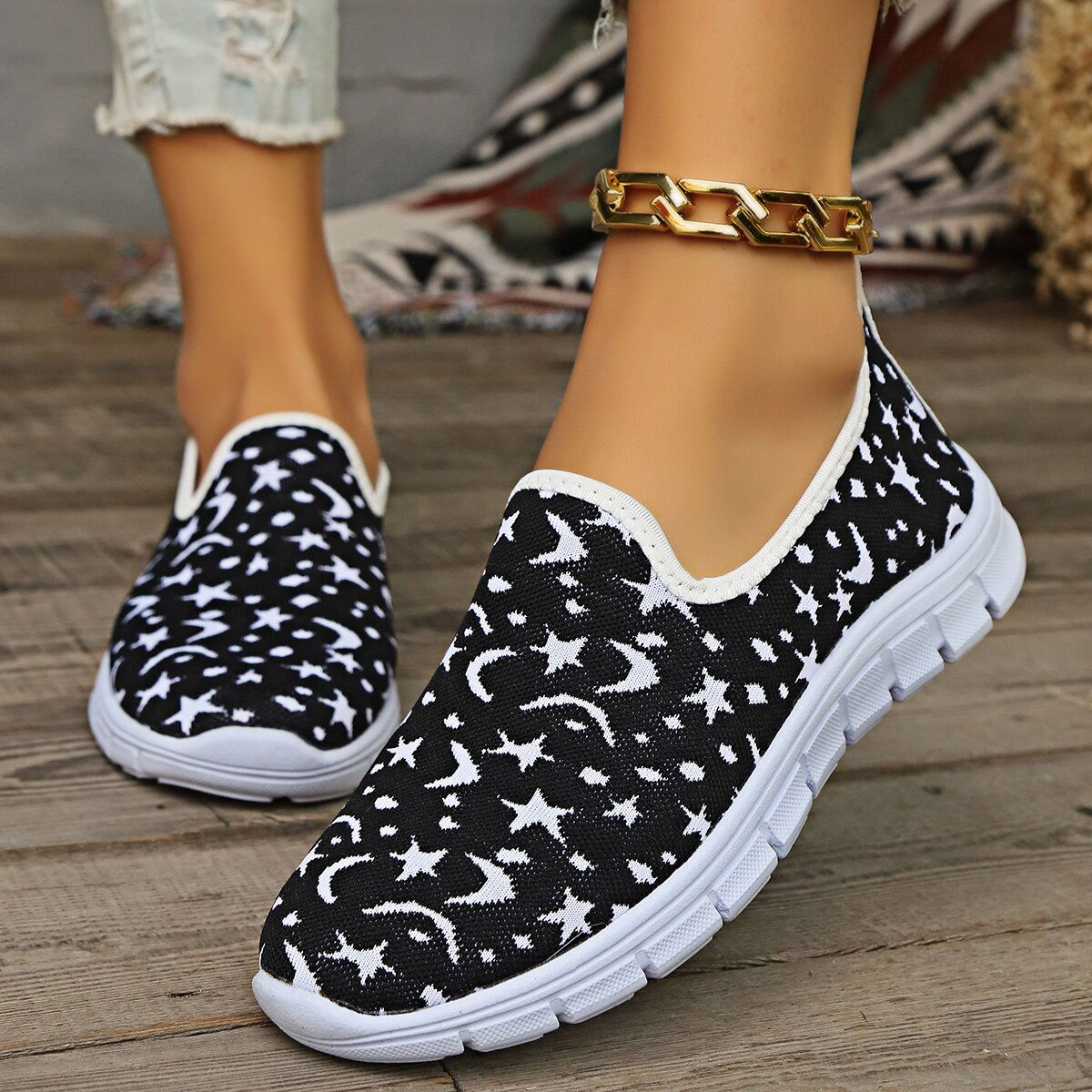 Star & Moon Pattern Flat Loafers - JDrop.Shop