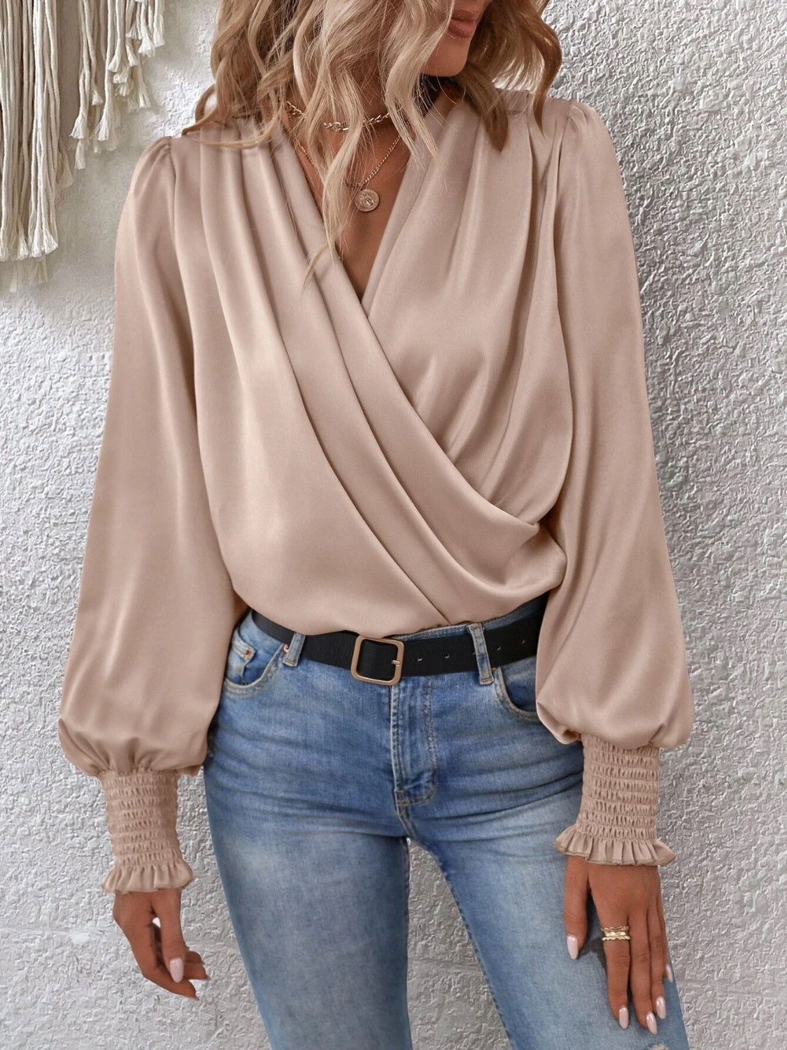 Surplice Smocked Lantern Sleeve Blouse - JDrop.Shop