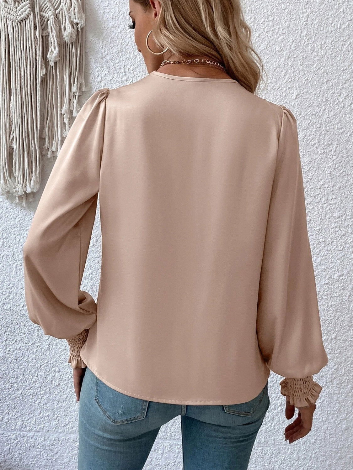 Surplice Smocked Lantern Sleeve Blouse - JDrop.Shop